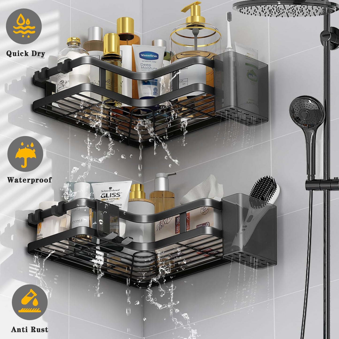 ZVZM Shower Caddy Corner, Bathroom Storage Accessory 5 Pack, Bathroom Shelf No Drill with 4 Hooks, Shower Shelf Storage, Shower Corner Shelves, Shower Bathroom Shelves for Bathroom.