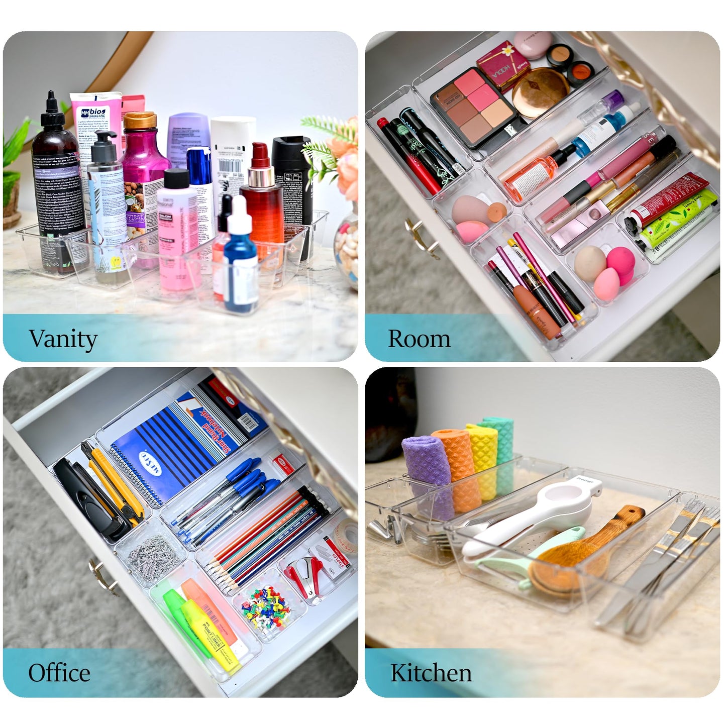 ZMS ZMS TRADERS 15 Pcs Clear Plastic Drawer Organizer Set – Unbreakable, Antislip Clear Organizing Bins for Makeup, Kitchen, Office, Bathroom Storage – Durable Clear Drawer Organizers