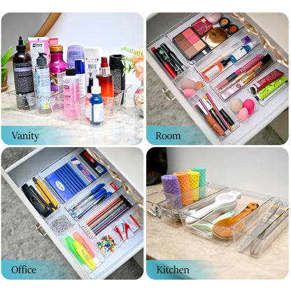 ZMS ZMS TRADERS 15 Pcs Clear Plastic Drawer Organizer Set – Unbreakable, Antislip Clear Organizing Bins for Makeup, Kitchen, Office, Bathroom Storage – Durable Clear Drawer Organizers