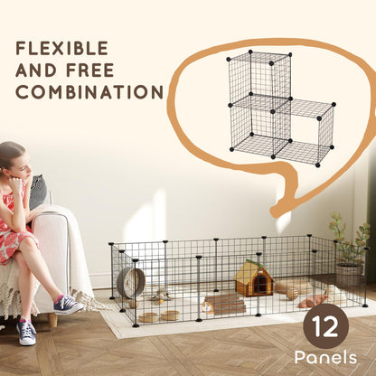 Pawhut DIY Pet Playpen Metal Wire Fence 12 Panel Enclosure Indoor Outdoor Guinea Pig Rabbit Small Animals Cage, Black