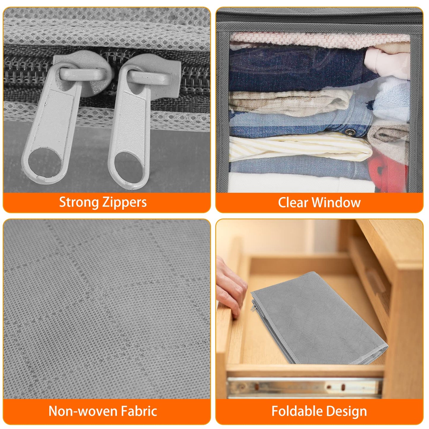 LSNDEE Clothes Storage Boxes Foldable, Fabric Storage Box, Under the Bed Storage Bags with Zips, Waterproof Thick Non-woven closet Organizers, Used For Duvet Clothing, 48 x 35 x 20 cm, 3 Pack (Grey)