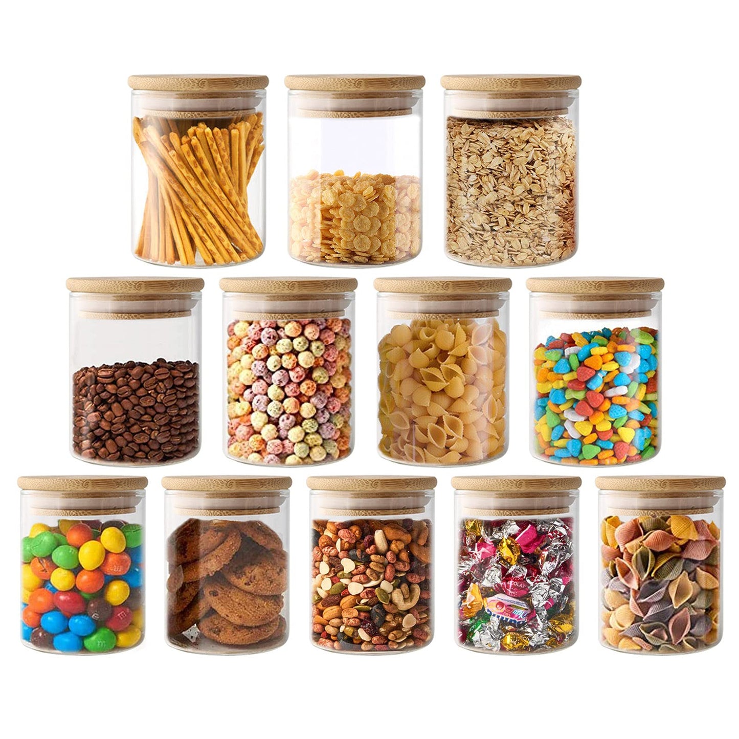 VINILITE Glass Storage Jars with Bamboo Lids, 300ml/10.5oz Clear High Borosilicate Glass Airtight Kitchen Food Cereal Containers for Home Preserving Seal for Tea, Coffee, Herbs and Spice, Set of 12