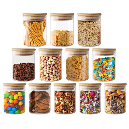 VINILITE Glass Storage Jars with Bamboo Lids, 300ml/10.5oz Clear High Borosilicate Glass Airtight Kitchen Food Cereal Containers for Home Preserving Seal for Tea, Coffee, Herbs and Spice, Set of 12