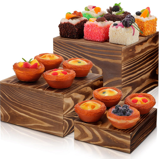 Set of 3 Rustic Brown Wood Display Risers, Square Stackable Pedestal Stands for Desserts, Cakes & Appetizers, Vintage Wooden Boxes for Party, Wedding, and Event Decor