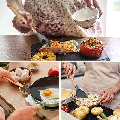 E-far Kitchen Utensils Set of 12, E-far Silicone Cooking Utensils with Holder, Non-stick Cookware Friendly & Heat Resistant, Includes Spatula Tong Whisk Ladle Brush Slotted Turner Spoon(Gray)