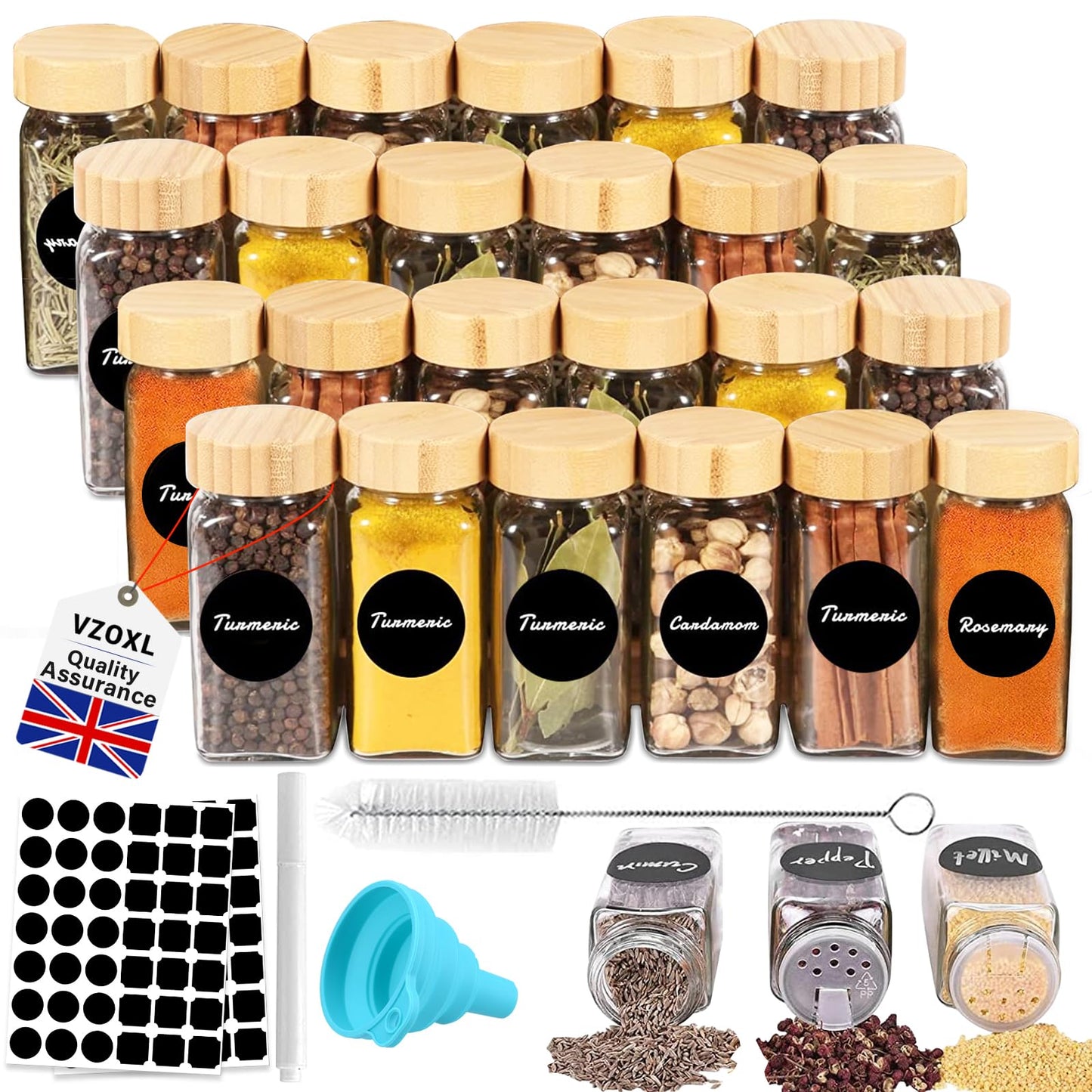 24 Pcs Spice Jars, 4oz Empty Glass Spice Jars, Square Bamboo Spice Jars for Herbs, Spices & Seasoning -Kitchen Storage & Organisation of Spice Jars with Lids and Labels.