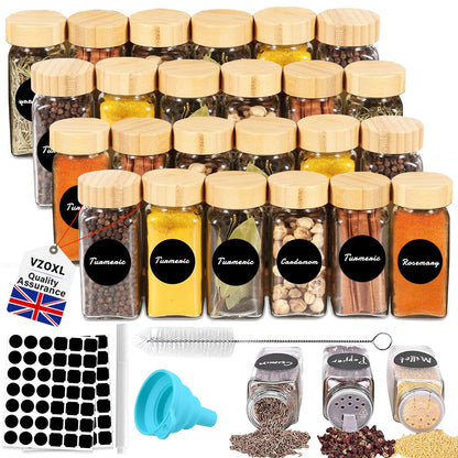 24 Pcs Spice Jars, 4oz Empty Glass Spice Jars, Square Bamboo Spice Jars for Herbs, Spices & Seasoning -Kitchen Storage & Organisation of Spice Jars with Lids and Labels.