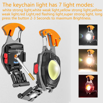Multifunctional Keychain Flashlights, LED Rechargeable Flashlights with Lighter, Life-Saving Whistles, Screwdriver Bottle, Opener, Multiple Light Mode Portable Pocket Light for Outoor Hiking