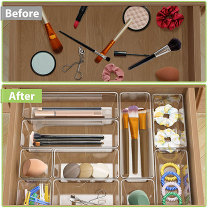 12 Piece Clear Drawer Organizer Set, 3 Sizes Bathroom Vanity Organizer Trays and Storage Bins for Makeup, Cosmetics, Jewelry, and Gadgets. Perfect for Office, Kitchen, Bedroom, Bathroom Use.