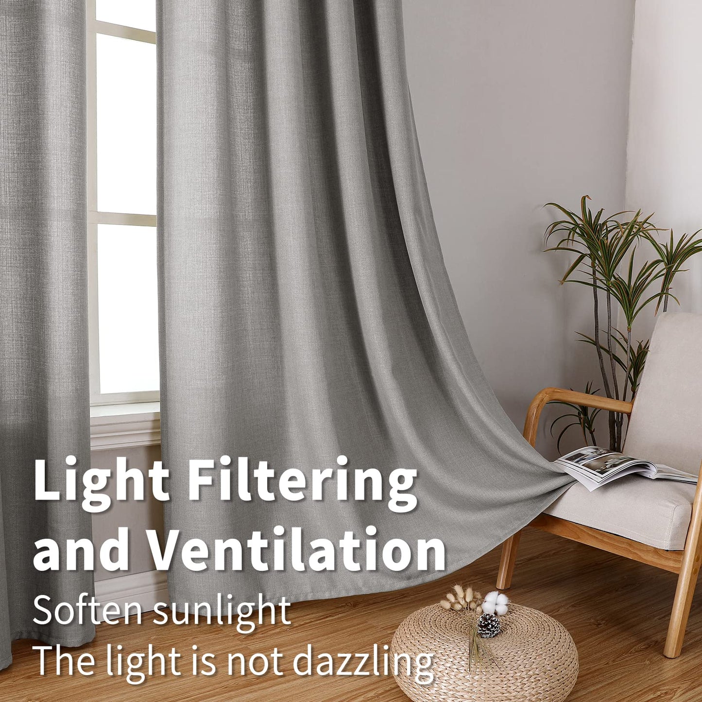 INtex CURTAINS Natural Linen Curtains -Semi Transparent Sheer -Soft And Durable Fabric -For Living Rooms And Bedroom Steel Grommets -Two Pieces 145W x 180L CM Light Grey