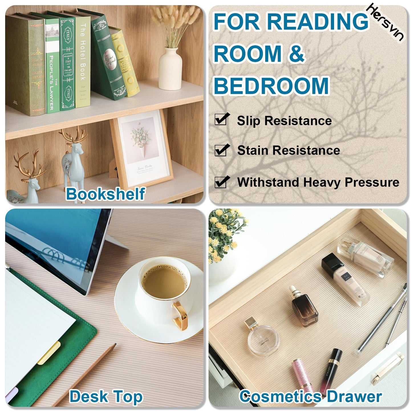 Hersvin Drawer Liners, 40cmx450cm Kitchen Shelf Liners Non-Adhesive Cabinet Mats Cupboard Protector EVA Plastic Lining Waterproof Washable Wipeable Anti-Slip Mats (Transparent Stripe)