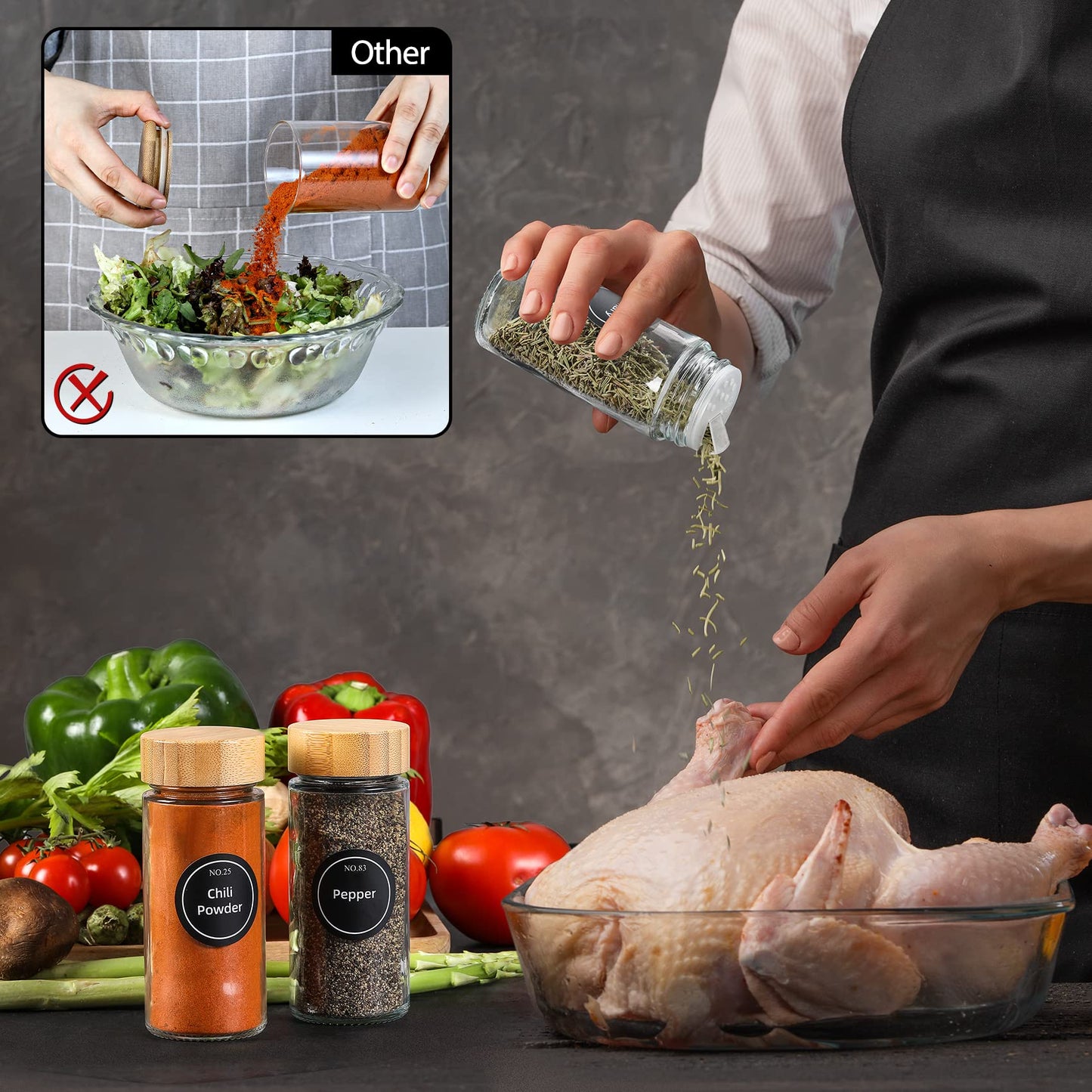 NETANY 24 Pcs Spice Jars with Bamboo Lids - 4 oz Round Glass Spice Jars with Labels, Minimalist Farmhouse Stickers, Collapsible Funnel, Seasoning Bottles for Spice Rack, Cabinet, Drawer