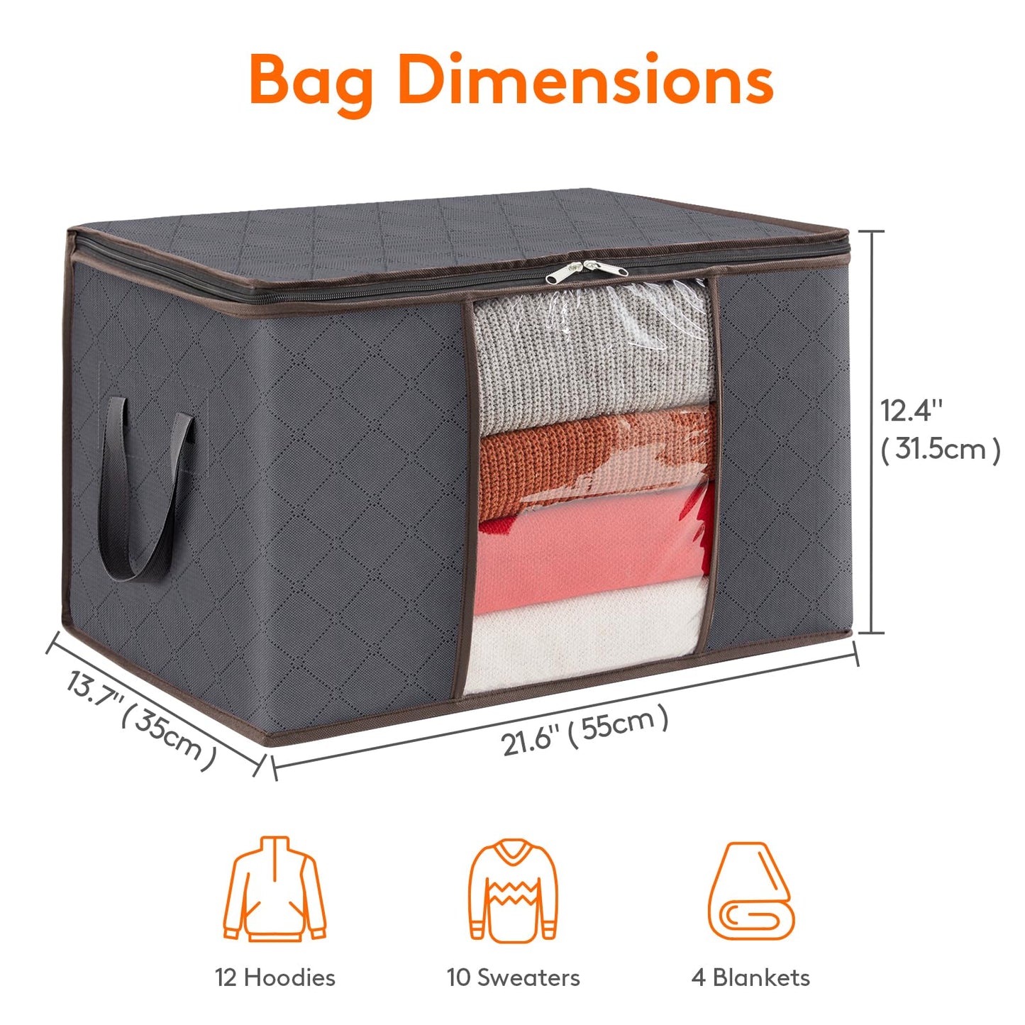 Clothes Storage Bag, Storage Bins for Clothes, Blankets, Comforters, Foldable with Clear Window, 60L, Grey