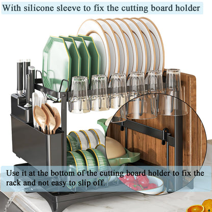 Dish Drying Rack,2 Tier Drying Rack Kitchen with Drainboard,Large Capacity Dish Drainer Organizer Shelf with Utensil Holder, Cup Rack for Kitchen Counter (Black)