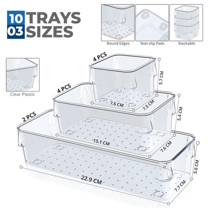 SMAZIUL 10 Pcs Clear Drawer Organiser with 4 sizes Desk Organizer ideal for organizing, cosmetics, makeup, jewelry, office supplies, bathroom accessories & much more