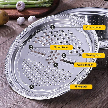 PREMIFY 3 in 1 Stainless Steel Grater Basin with Vegetable Chopper And Cheese Grater, Multifunctional Set Food Bowl/Colander/Vegetable Grater Mixing Bowl & Drainer, Rice Sieve Strainer