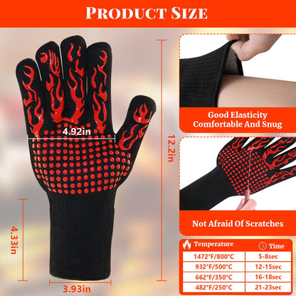 BBQ Grill Gloves for BBQ Accessories, 1472°F Heat Resistant Gloves with Silicone Palm Pads, Non-Slip Grilling Griddle Gloves for Smoker Grill Gloves Oven Mitts for Barbecue Cooking Baking Cutting