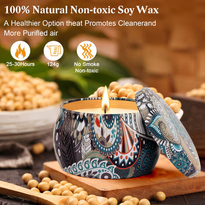 Tobeape® Scented Candles Gift Set, 4 Cans Natural Soy Wax 4.4 oz Portable Tin Candles Women Gift with Stress Relief and Aromatherapy for Holiday Gifts, Bathing, Home Decoration