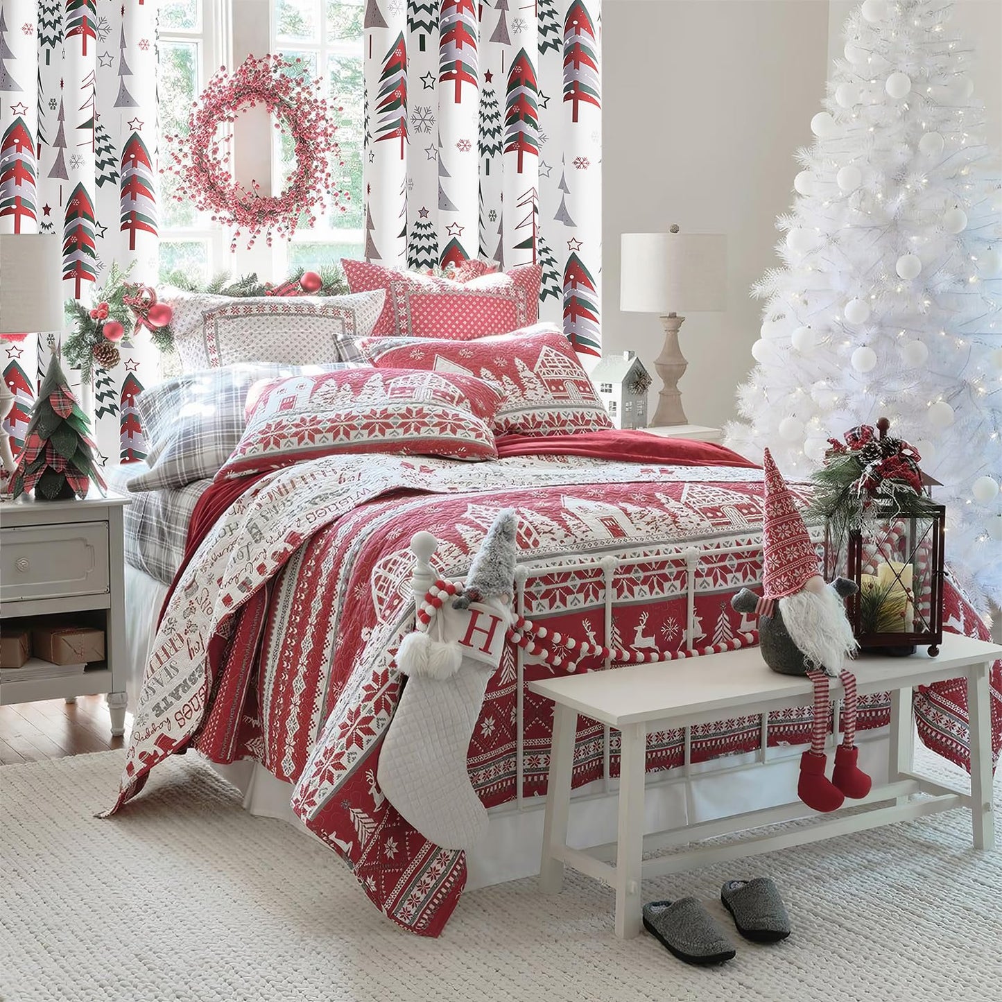 Intex Curtains House Christmas Curtains – Christmas Tree & Snowflake Print Linen Velvet for Living Room & Bedroom - Christmas Home Window Decor - Steel Grommets - 1 Piece - 135W x 230L CM