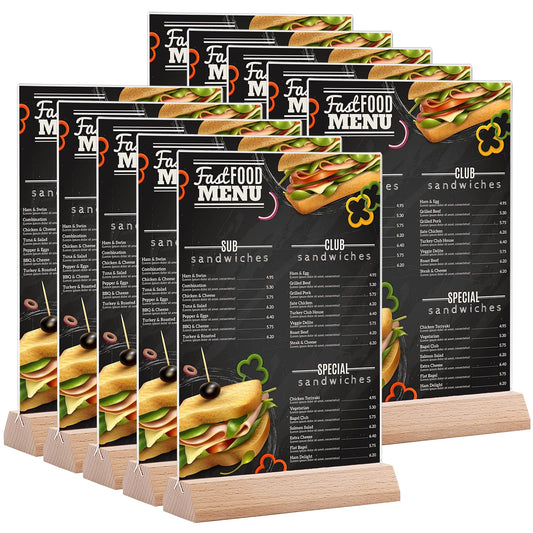 A5 Acrylic Sign Holder Table Stands 10 Pack, Double-Sided 23.3 x 15 x 5 cm Display with Wooden Base, Menu and Poster Holder for Restaurant Hotel Office or Events