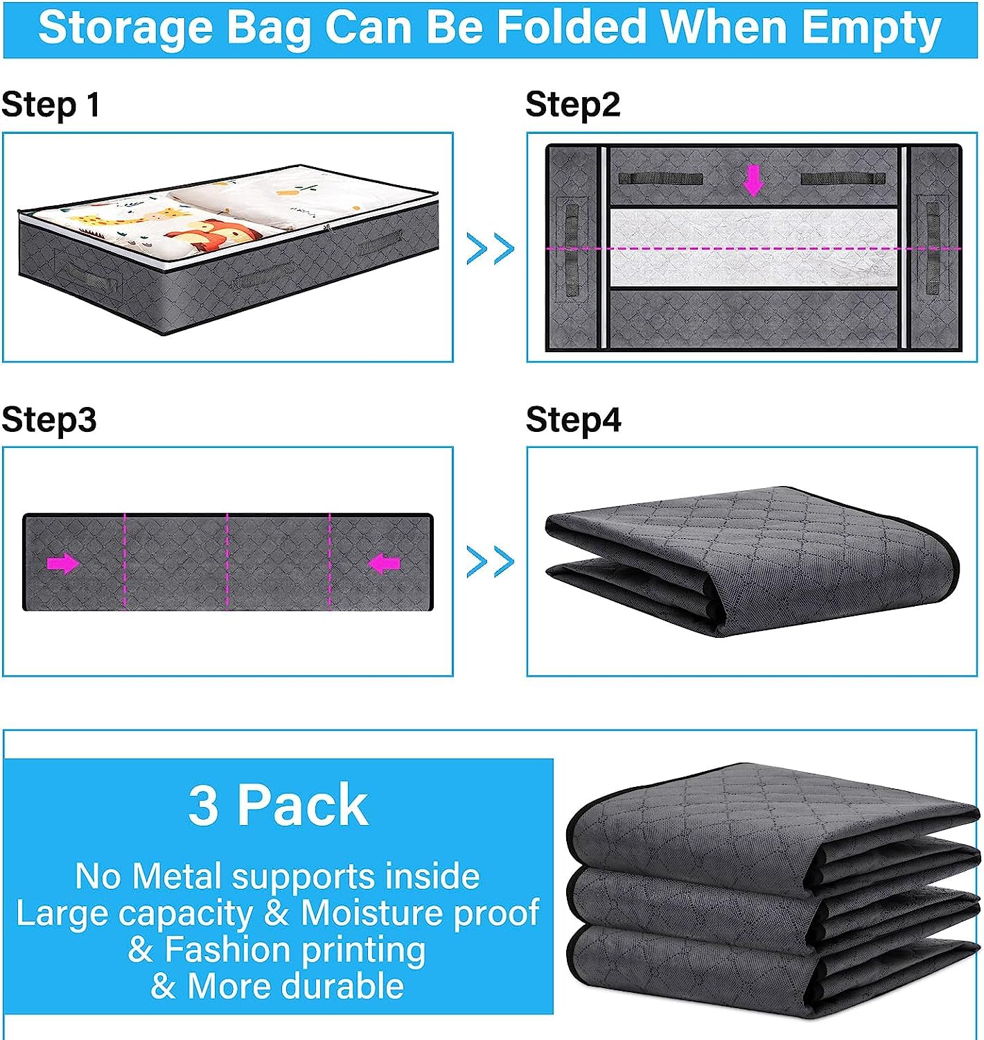 3 Pack Under Bed Storage Organizer Bags for bedroom, Large Capacity Clothing Containers, Foldable Underbed Storage Bins with Clear Window, 4 Reinforced Handles and Sturdy zipper for Blanket Toys