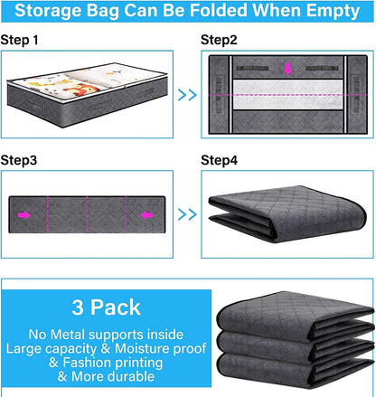 3 Pack Under Bed Storage Organizer Bags for bedroom, Large Capacity Clothing Containers, Foldable Underbed Storage Bins with Clear Window, 4 Reinforced Handles and Sturdy zipper for Blanket Toys