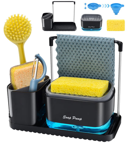 Bestseek Kitchen Soap Dispenser Set with Tray and Sponge Holder, Sink Caddy Organizer with Dishcloth Holder and Dish Brush Holder, for Kitchen Countertop Storage Organize - Practical Kitchen Gadgets