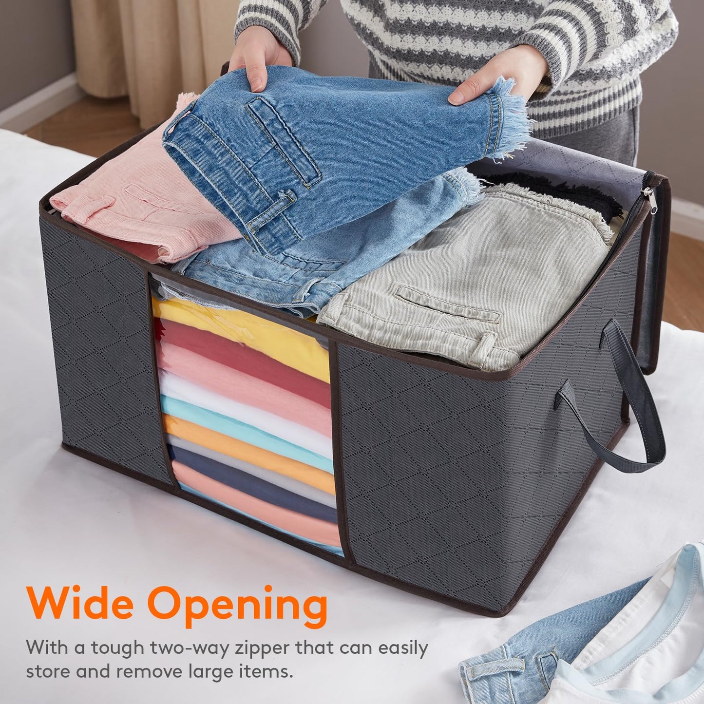 Clothes Storage Bag, Storage Bins for Clothes, Blankets, Comforters, Foldable with Clear Window, 60L, Grey
