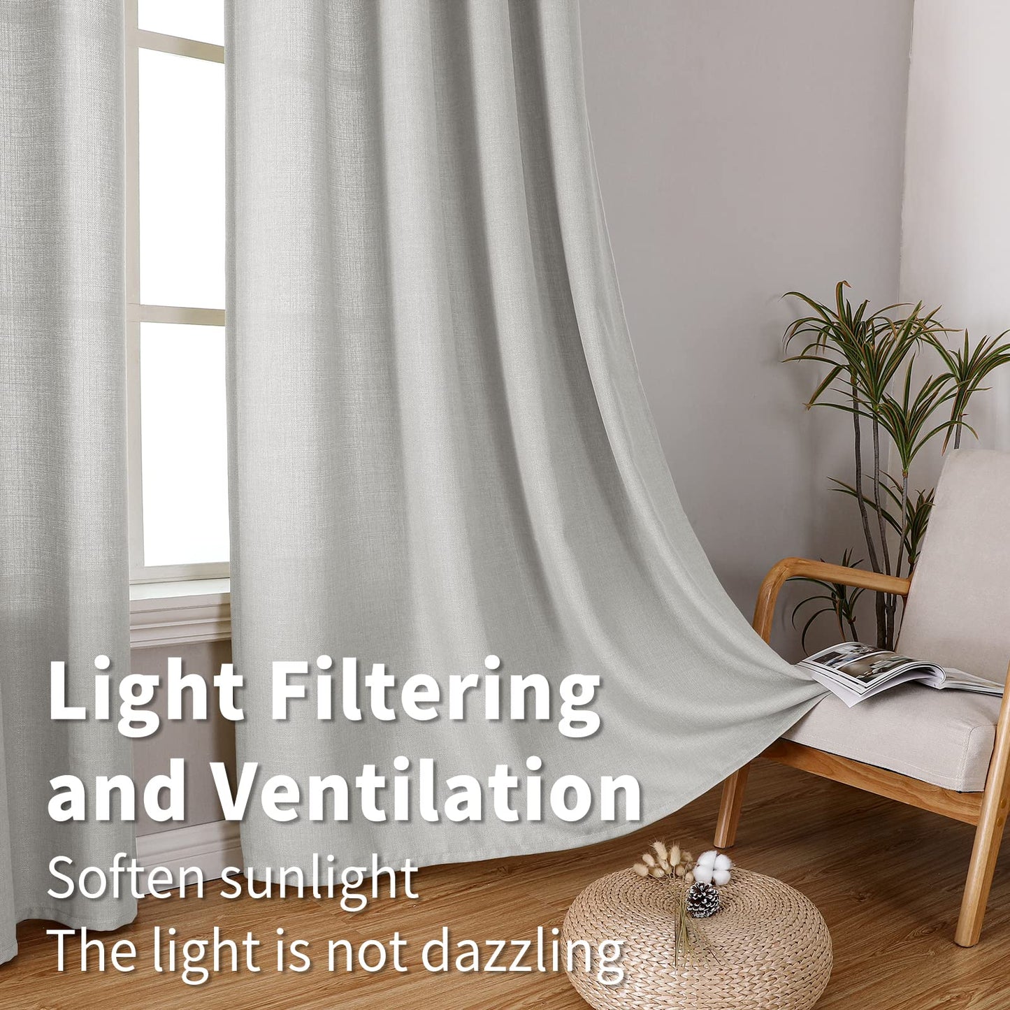 INtex CURTAINS Natural Linen Curtains -Semi Transparent Sheer -Soft And Durable Fabric -For Living Rooms And Bedroom Steel Grommets -Two Pieces 145W x 180L CM Light Grey