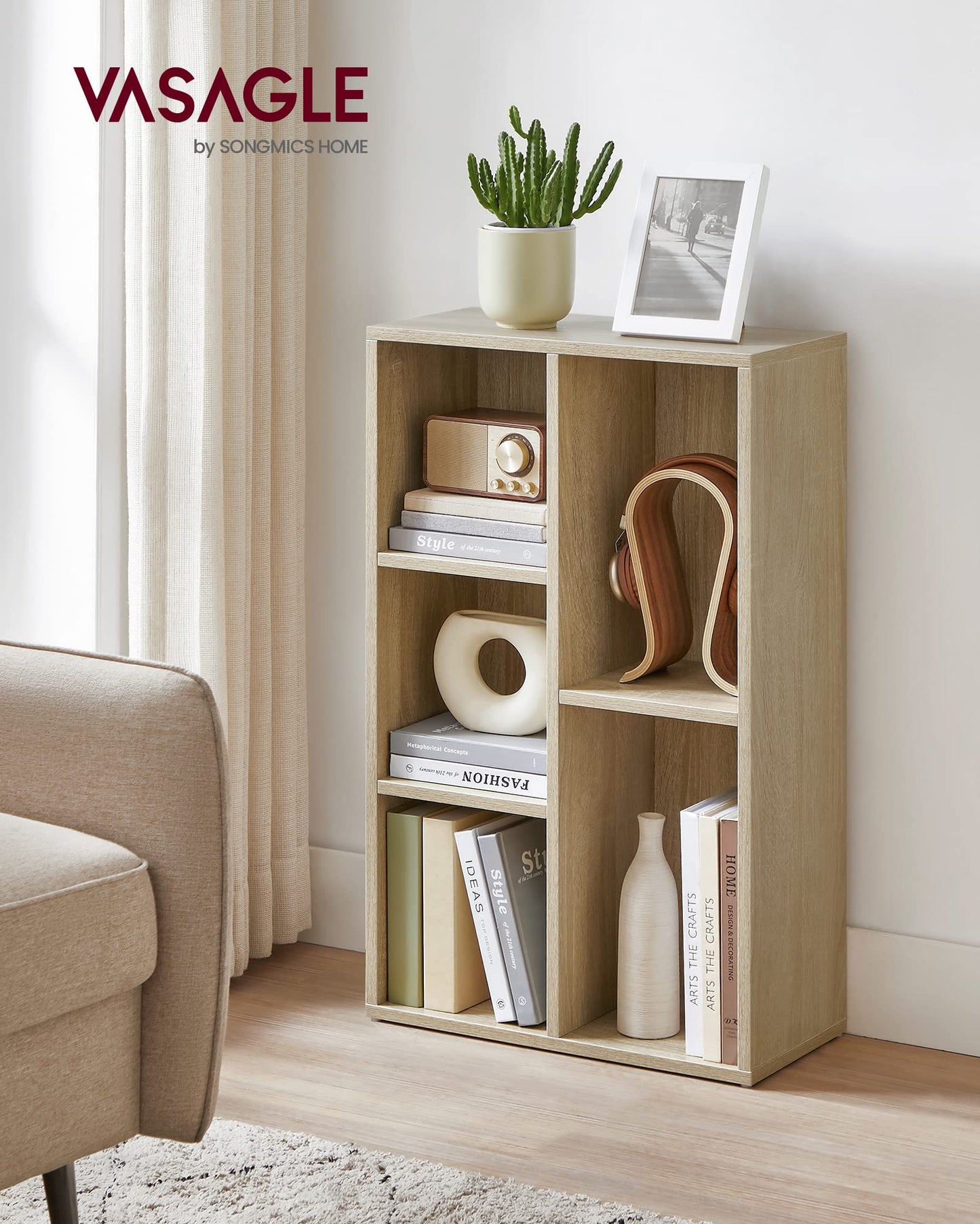 Bookcase in Oak, Wooden Kids Bookshelf with 5 Compartments, 50x24x80cm Floor Standing Storage Unit for Files, Decor, in Study Children-Room, Beige, LBC25NL