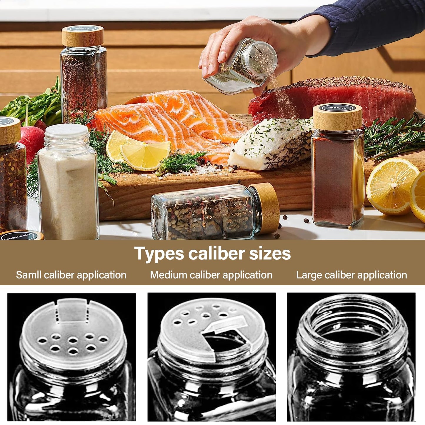 VZOXL 24 Pcs Spice Jars, 4oz Empty Glass Spice Jars, Square Bamboo Spice Jars for Herbs, Spices & Seasoning -Kitchen Storage & Organisation of Spice Jars with Lids and Labels.