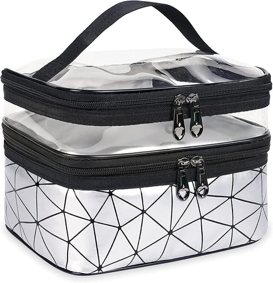 Women's Waterproof 2-Layer PU Cosmetic Organizer Box (Silver)