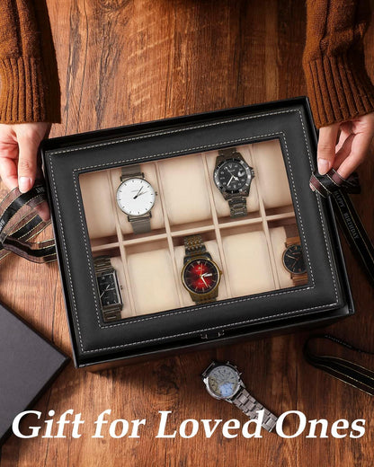 Watch Box Organizer With 10 Slot,Luxury Display Case for Watches with Glass Lid, Black, 9.92 x 8.18 x 3.14 cm