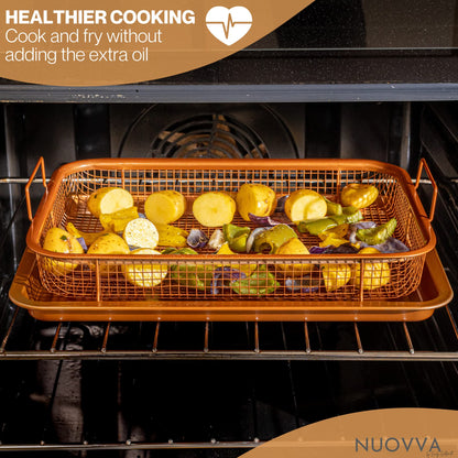 nuovva Copper Crisper Tray Non-Stick Oven Baking Tray with Elevated Mesh Crisping Grill Basket 2 Piece Set –
