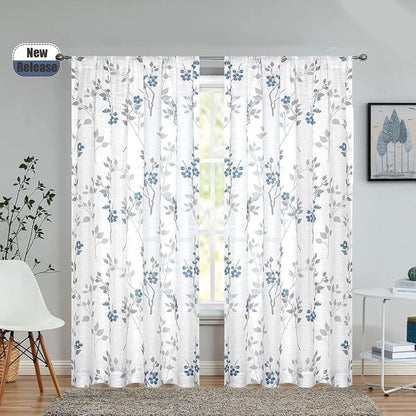 Rich Natural Linen curtains - Printed floral curtains- Semi-transparent - Road Pocket grommets for living room, bedroom, kitchens, 1 piece