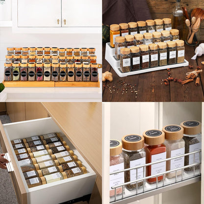 VZOXL 24 Pcs Spice Jars, 4oz Empty Glass Spice Jars, Square Bamboo Spice Jars for Herbs, Spices & Seasoning -Kitchen Storage & Organisation of Spice Jars with Lids and Labels.