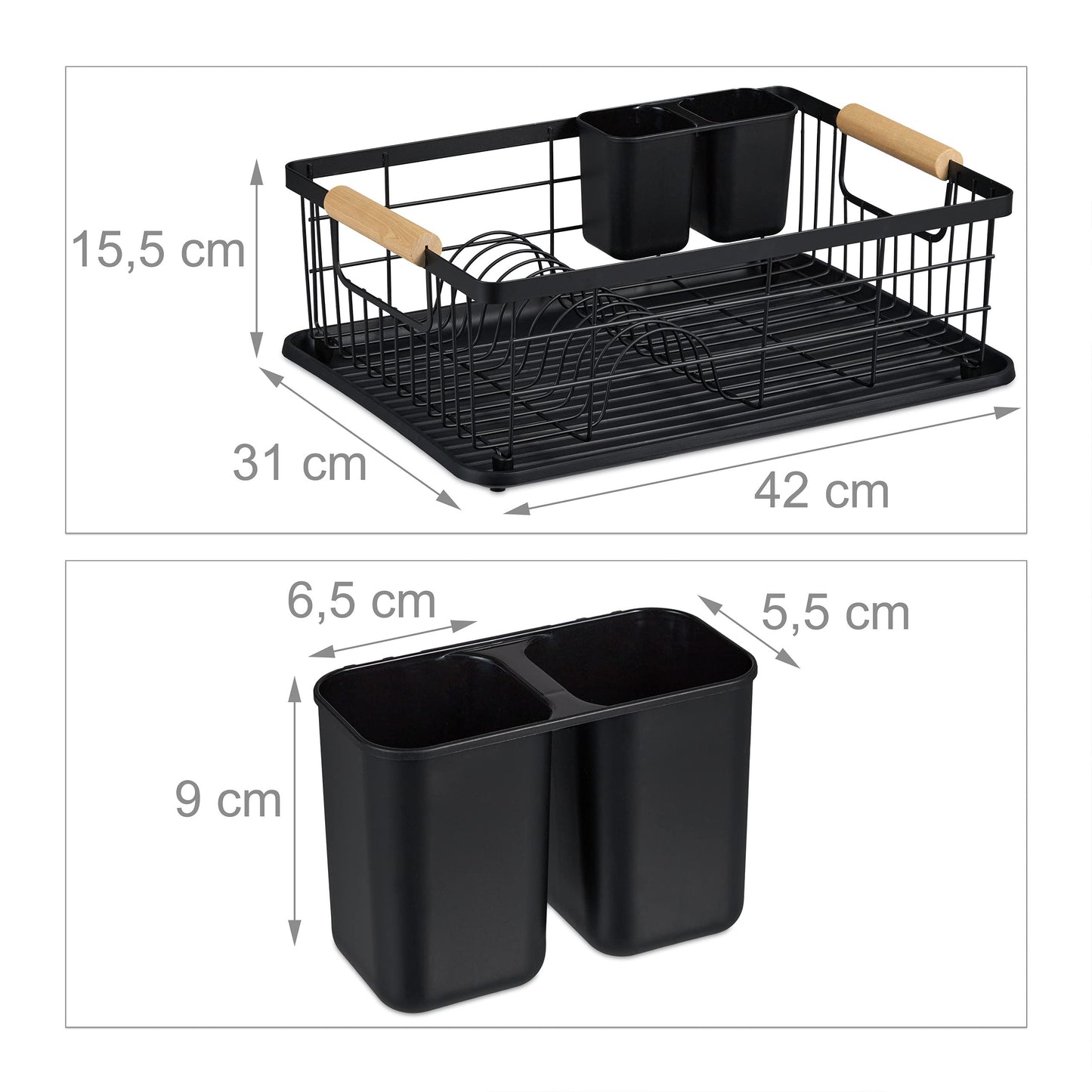 relaxdays Drainer, Cutlery Basket and Drying Tray, Kitchen Dish Rack, Plastic, Metal, Black