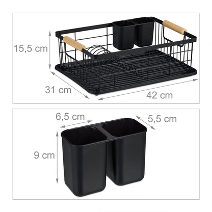 relaxdays Drainer, Cutlery Basket and Drying Tray, Kitchen Dish Rack, Plastic, Metal, Black