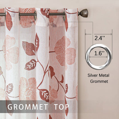 Rich Natural Linen curtains - Printed floral curtains- Semi-transparent - sliver steel grommets for living room, bedroom, kitchens - 1 Piece