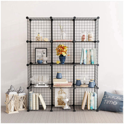 12-Cube DIY Wire Grid Bookcase, Multi Use Modular Storage Shelving Rack, Open Organizer Cabinet for Books, Toys, Clothes, Tools