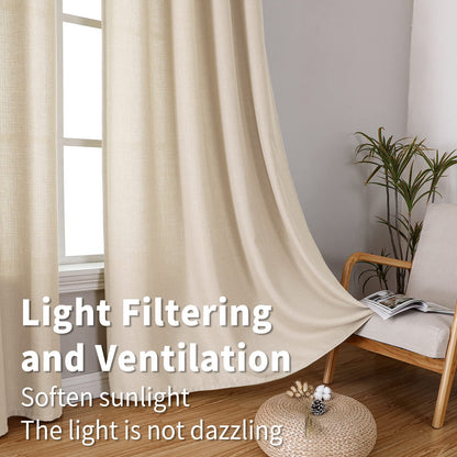 Natural Linen Curtains -Semi Transparent Sheer -Soft And Durable Fabric -For Living Rooms And Bedroom Steel Grommets -Two Pieces