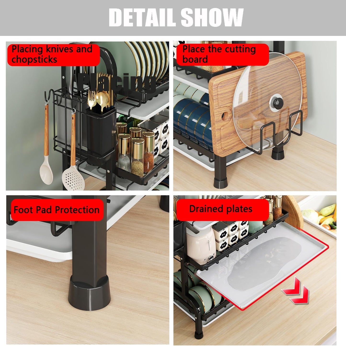 YARDIC 3 Tier Dish Drying Rack,Space Saving Stainless Steel Kitchen Dish Organizer,17 inch x 9.5 inch x 25 inch,Dish Holders for Plates for Drying,Cutting Board Rack,draining Rack,Dish Storage Rack