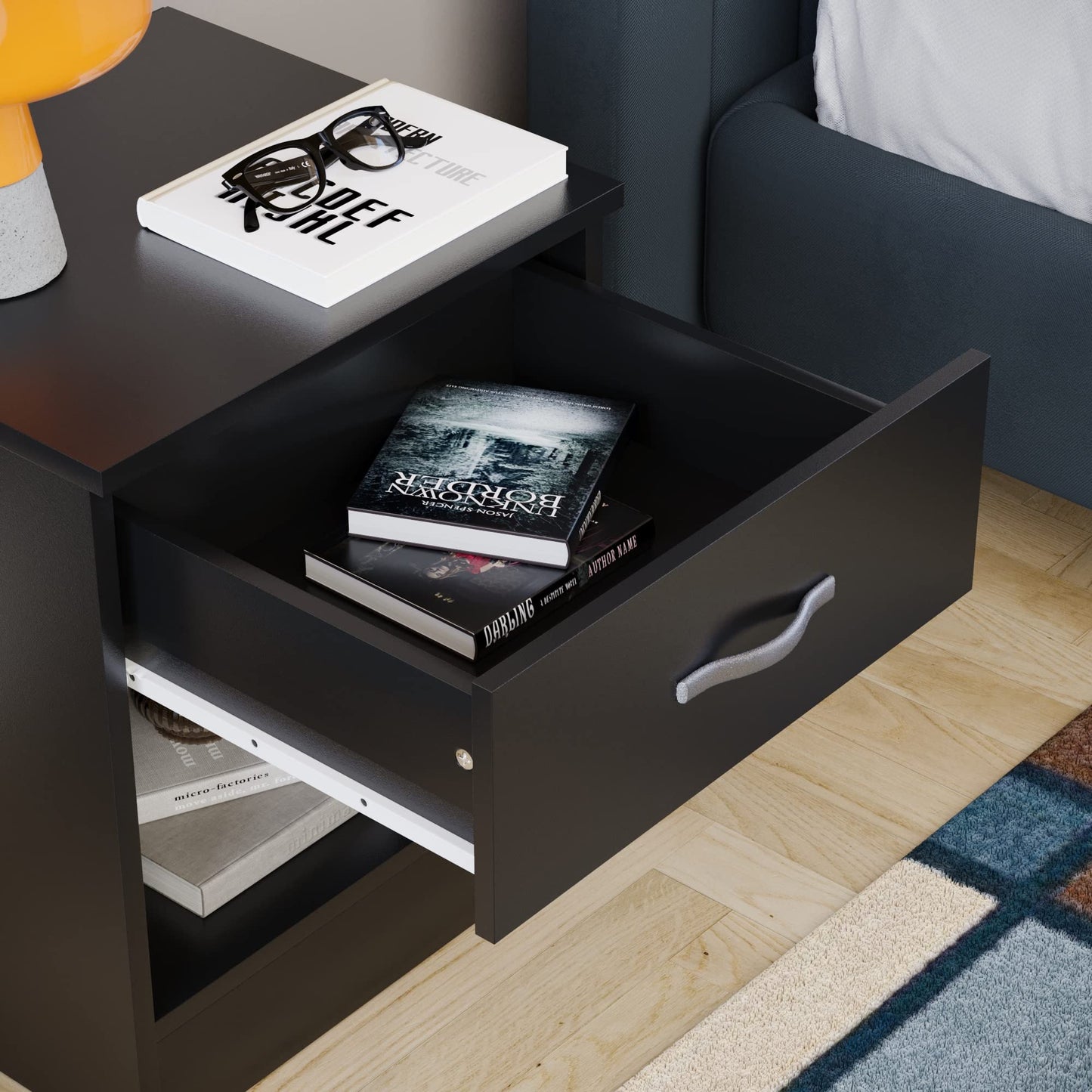 Bedside Table with 1 Drawer, a compact and stylish Nightstand and Bedside Cabinet for bedroom storage, presented in a sleek and versatile Black finish