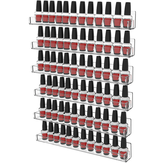6 Pack Wall Mounted Nail Polish Racks – 38.1 cm Clear Acrylic Floating Shelves, Display Organizer for 72 Bottles, Professional Storage for Nail Techs and Salons