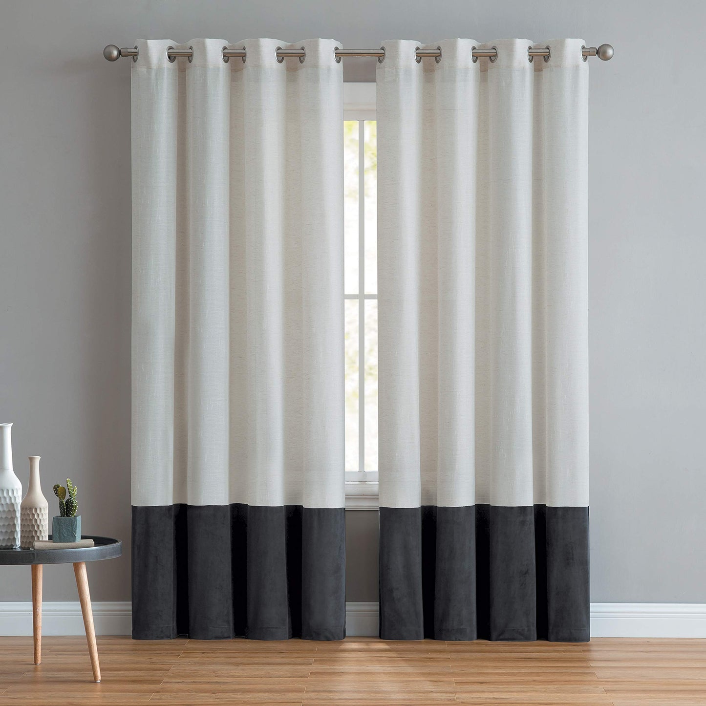 Luxury Linen Curtains With Velvet - Bottom Velvet Tone – 2-Tone Style – 1 Panel