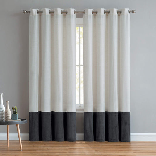 Luxury Linen Curtains With Velvet - Bottom Velvet Tone – 2-Tone Style – 1 Panel