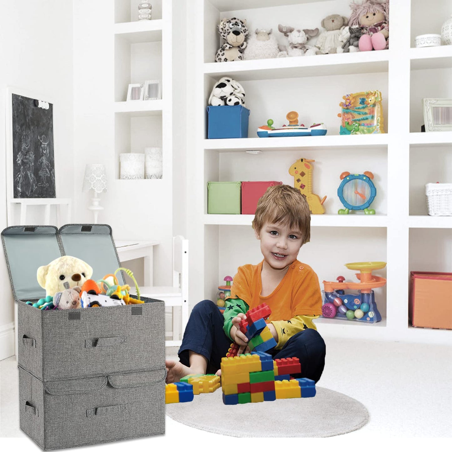 Storage Box with Lids, Foldable, Dual Compartments, Durable Fabric, Ideal for Home Organization, Grey, 44L x 28W x 24H cm