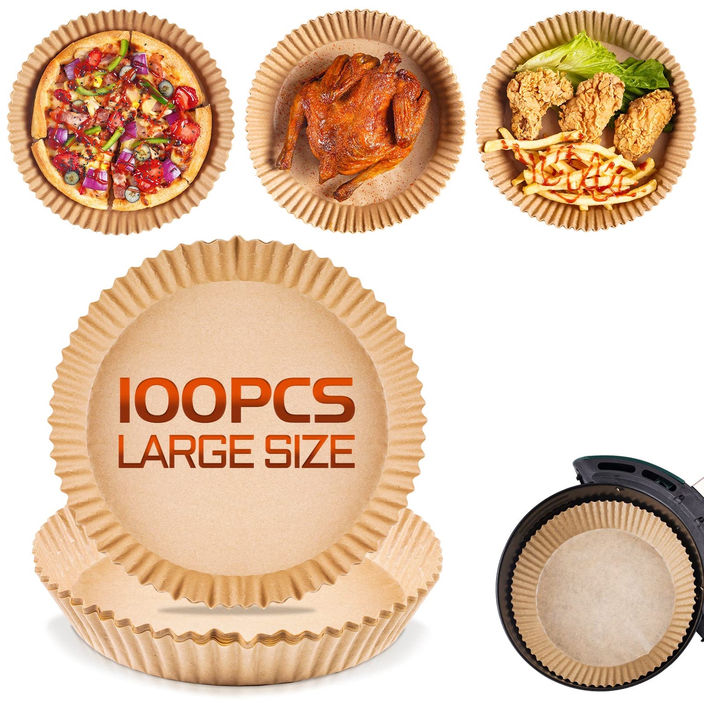 100 PCS Large Air Fryer Disposable Paper Liner, Non-stick Air Fryer Liners, Oil-Proof Air Fryer Parchment Paper, Food Grade Round Baking Paper For Frying Baking Roasting Microwave, 100PCS, 8 Inch.