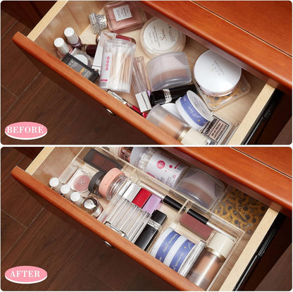 Clear Acrylic Drawer Organizer Set of 2, 6-Section and 3-Section Divided Trays, 30.2 x 30.2 x 4.3 cm and 30.2 x 11.4 x 4.3 cm, Makeup and Desk Storage for Bathroom Kitchen or Office Use