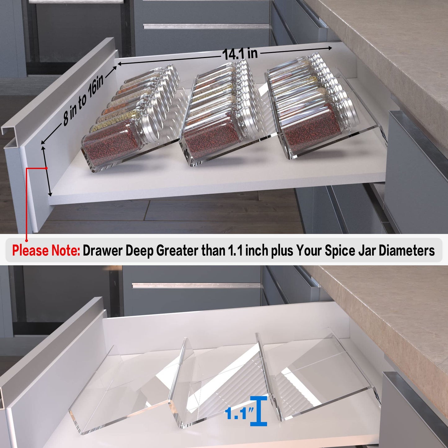 Jadehom Spice Drawer Organizer, 6 Pcs Clear Acrylic In Drawer Seasoning Jars Rack, Expandable From 8" to 16" Kitchen Cabinets/Countertop Drawer Spice Rack Tray (Fit Small Drawer?